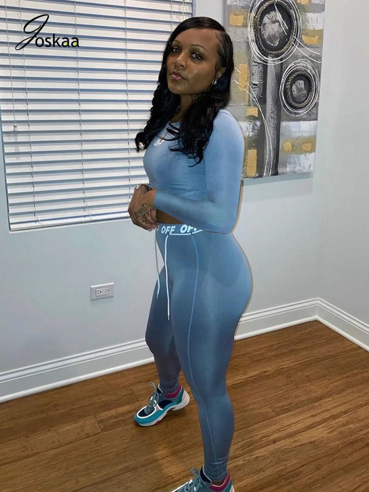 

Joskaa Fall and Winter Women's Letter Printed Solid Drawstring Body Shaping Sports Suit Bodycon Two-Piece Set Outfits Tracksuits