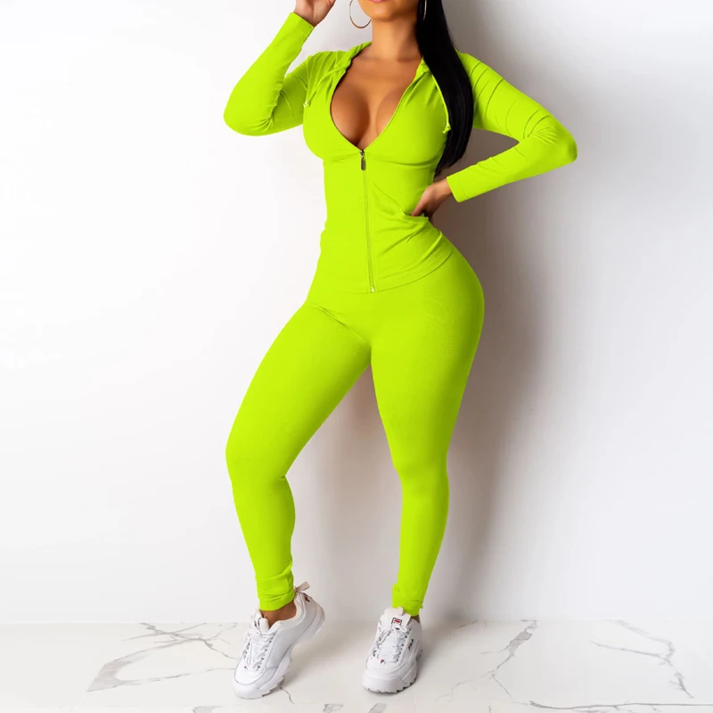 Autumn Women Zipper Up Long Sleeve Hooded Top Pencil Pants Suit Two Piece Set Casual Sporting Tracksuit Neon Green Outfits - Цвет: neon green