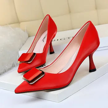 

2020 Women 7cm High Heels Blue Pumps Plus Size 10.5 Pointed Toe Valentine Lady Low Heels Scarpins Yellow Neon Green Office Shoes