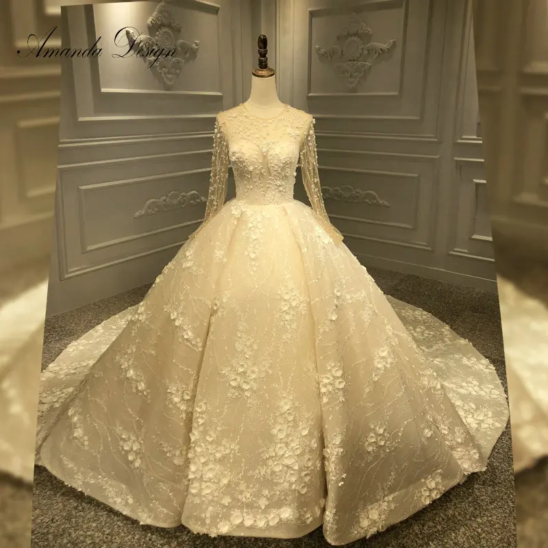Шампанское Аманда дизайн robe de mariee с длинным рукавом Кружевное открытое черное свадебное платье - Цвет: Шампанское