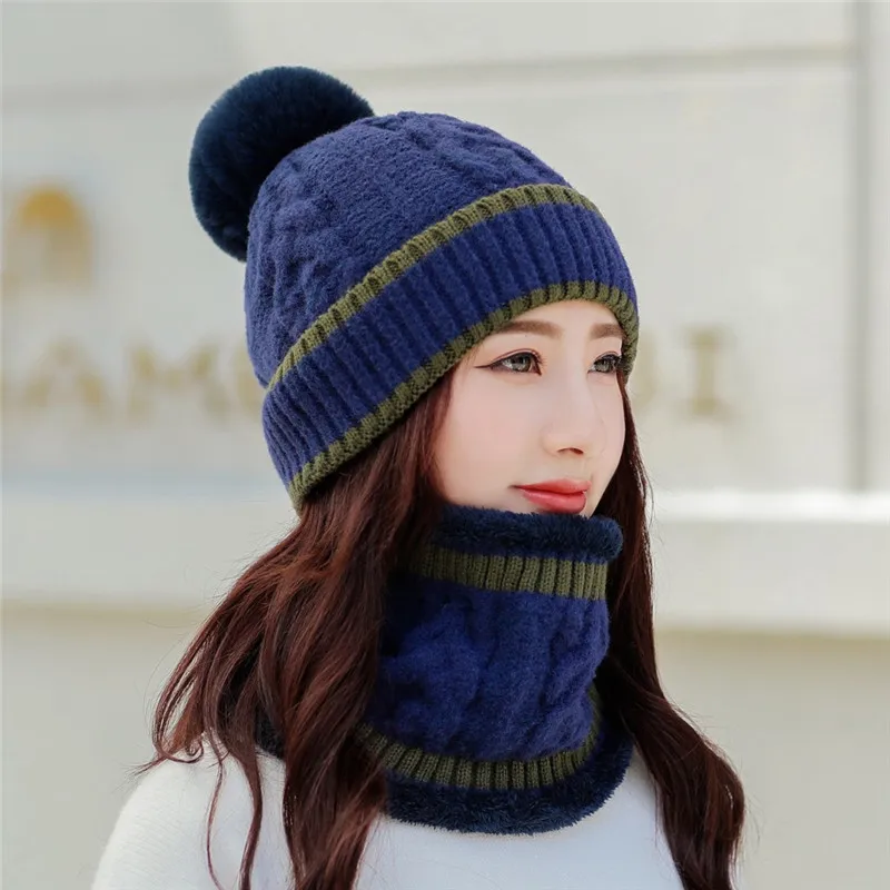 Прямая, комплект из 2 предметов для девочек, женские шапки Skullies Beanies, шапка с воротником, комплект для женщин, зимняя теплая вязаная шапка и шарф - Цвет: hat scarf navy