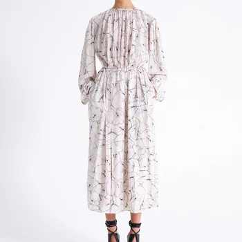 

2020 Early Autumn Womens Midi Dress Stripes Print 100% Silk Lady Slim Waist O-neck long Sleeve Dresses Clothes