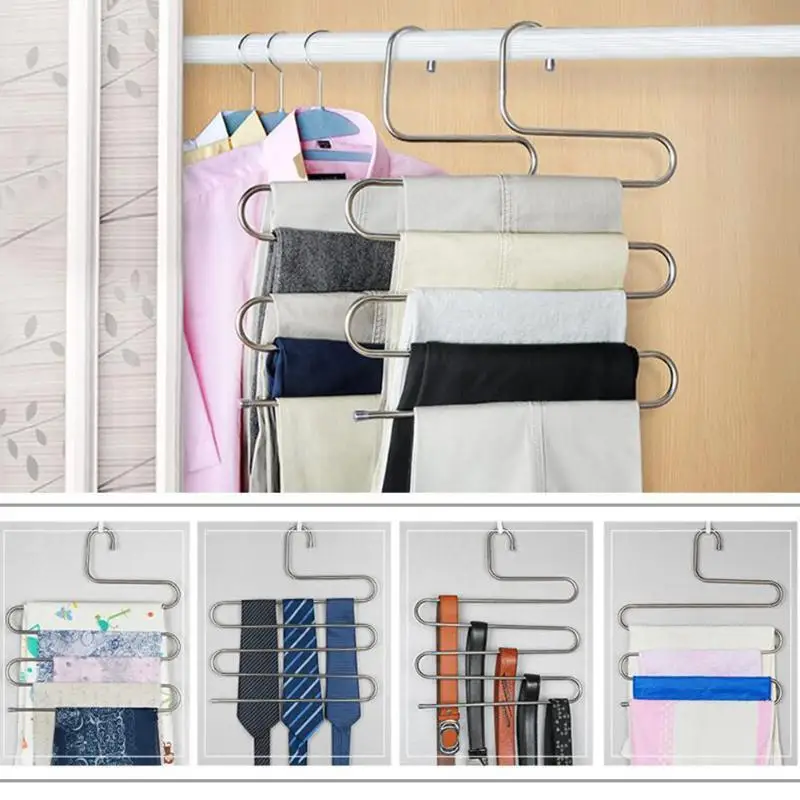 S-type Multi-function Pants Hanger 5 Layers Hanging Clothing Stainless Steel Rack Multilayer Closet Storage | Дом и сад