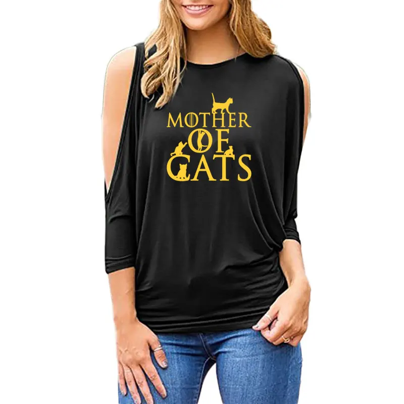Mother of Cats Print WomenLoose shirt size with open shoulder T-shirt Cotton Casual Funny t shirt - Цвет: 10