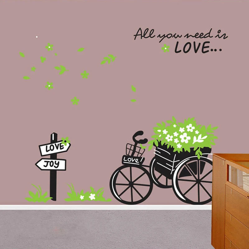 MAMALOOK Romantic Flower bike Love Wall Sticker Bedroom Living Room Background Home Decoration Stickers On Wall Mural Art Decals