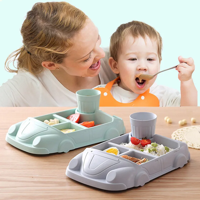 

Creative Cartoon Car Plate Baby Dishes Set Bamboo Fiber Plate+Cup Sub-grid Bowl Children's Gift Tableware Set Feeding Dishes