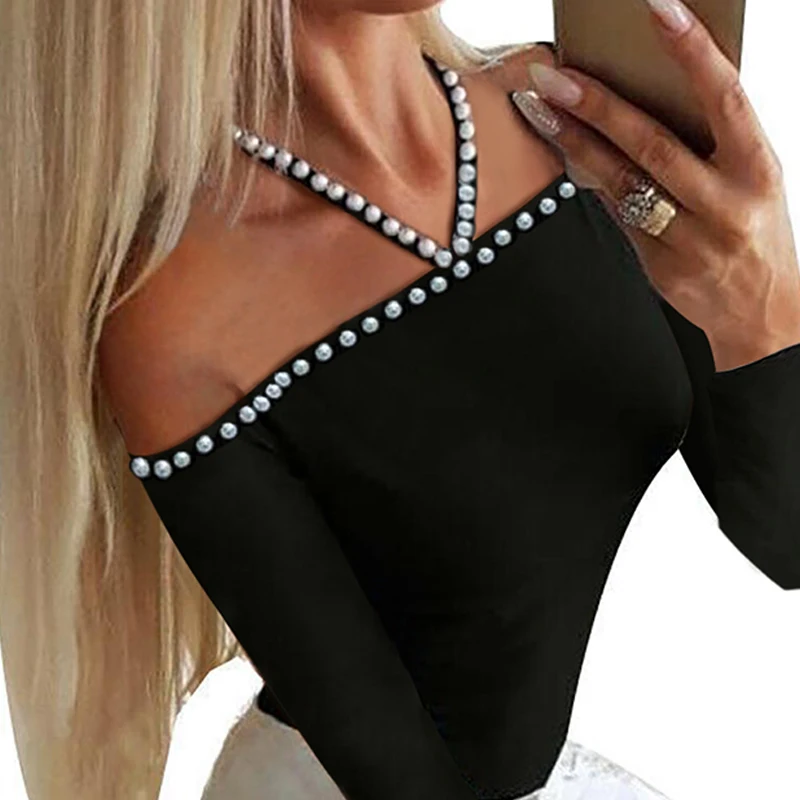 

Cold Shoulder Beaded Detail Blouse Women Pearls Beading Strap Halter Womens Tops And Blouse Elegant Slim Fit Blusas Mujer
