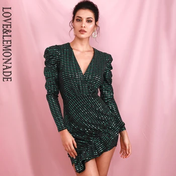 

LOVE&LEMONADE Sexy Green Deep V-neck Bubble Long Sleeve Ruffled Slim Sequins Elasticity Party Mini Dress LM82010