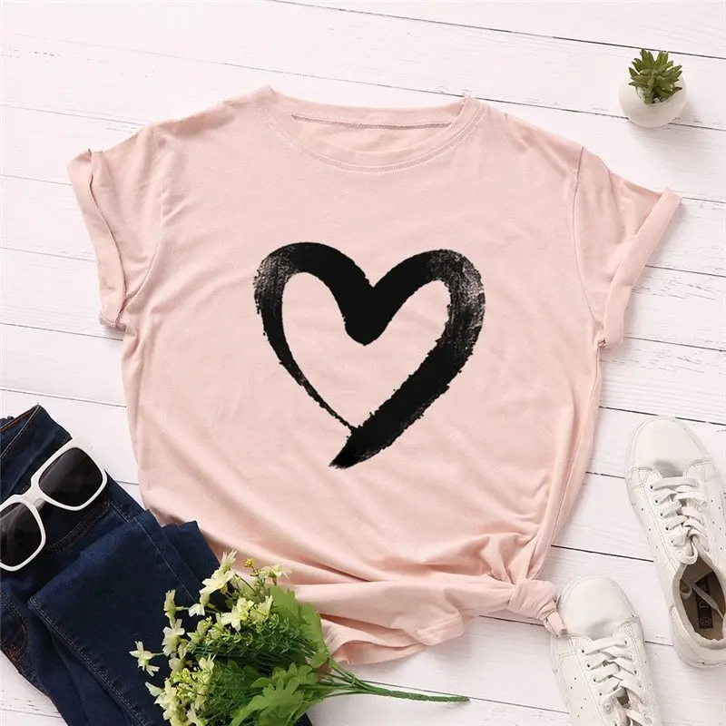 Хлопковая футболка Here is My Heart - Цвет: pink Black heart