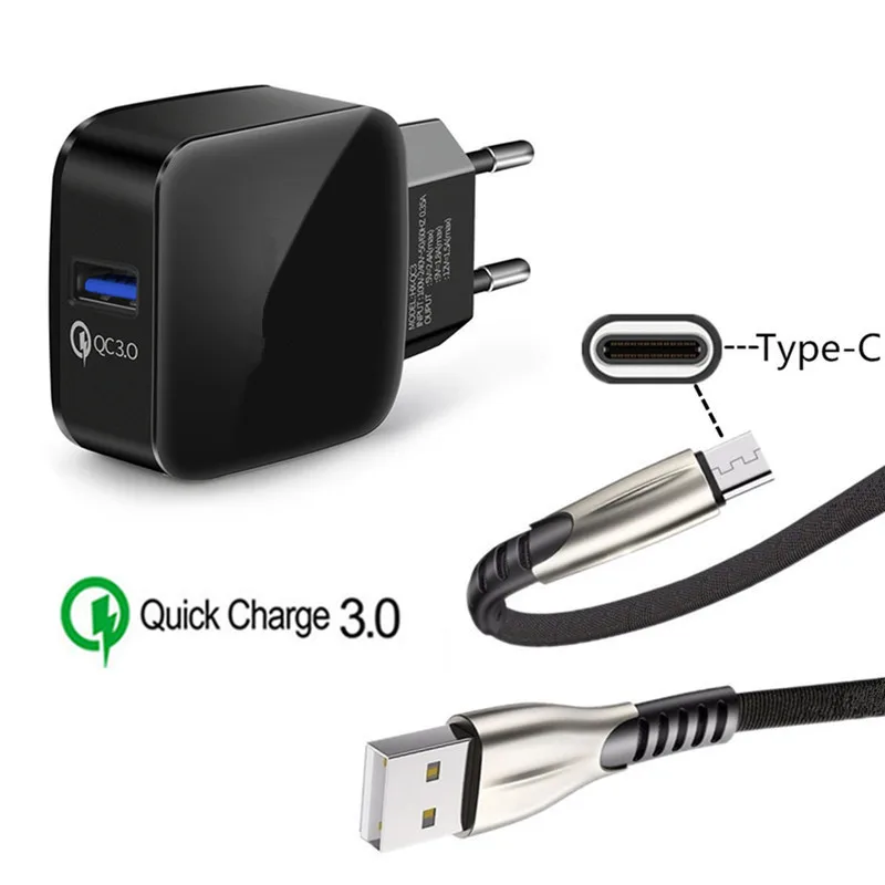 EU charger and cable Кабель быстрой зарядки типа C для samsung galaxy A80 S8 S9 LG Stylo 5 Xiaomi mi A3 CC9e 8 lite Red mi Note 7 QC 3,0 быстрое зарядное устройство для телефона - Тип штекера: EU charger and cable