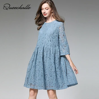 

Blue Pink Green Navy Elegant Lace Dress Women Three Quarter Hollow Out Flare Sleeve A-line Dress 3XL 4XL Plus Size Party Vestido