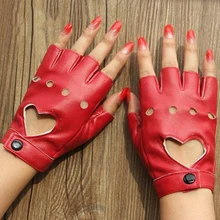 Leather Gloves Luvas Guantes Mujer For Women Red White Loving Solid Heart Mittens Driving Biker Soft Fingerless Mittens Dance