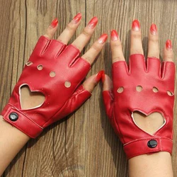 Leather Gloves Luvas Guantes Mujer For Women Red White Loving Solid Heart Mittens Driving Biker Soft Fingerless Mittens Dance