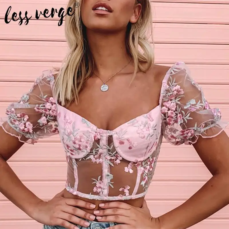 Сетчатая прозрачная розовая блузка с пышными рукавами рубашка женская короткая