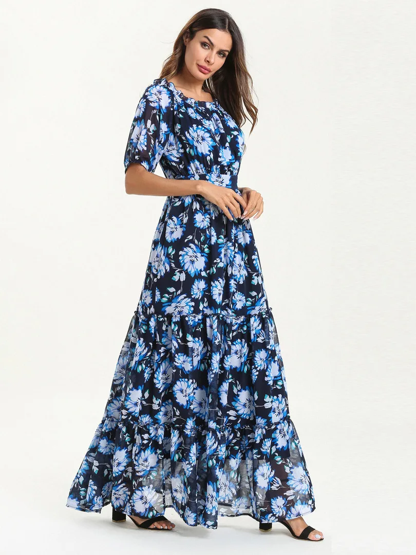 Summer Chiffon Print Women A-Line Dress Elastic Waist Slash Neck Half Sleeve Wrapped Breast Dresses Office Ladies
