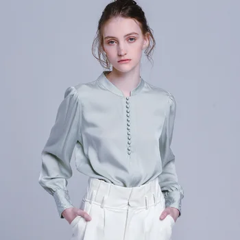 

100% Silk Blouse Women Solid Long Sleeves Shirt Multi-button Stand Collar Decoration Office Top Elegant Style New Fashion