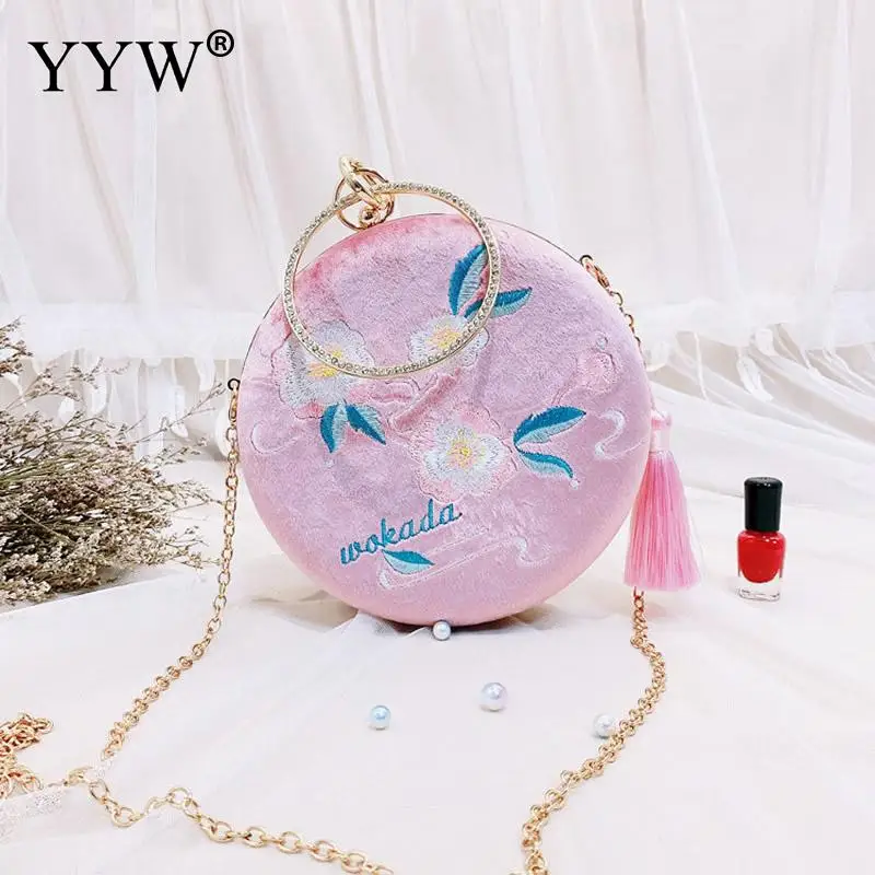 pink Прелестные модные туфли Ленточки сумка круглые маленькие сумки из натуральной кожи с цветочной вышивкой; Для женщин Вечерний Клатч изысканные дизайнерские вечерние кошелек - Цвет: pink
