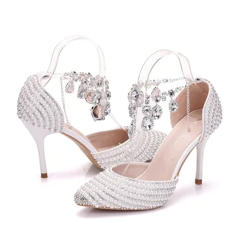 

2019 new rhinestone wristband bridal shoes 9cm high heel stiletto pointed wedding shoes fashion women's sandals large size