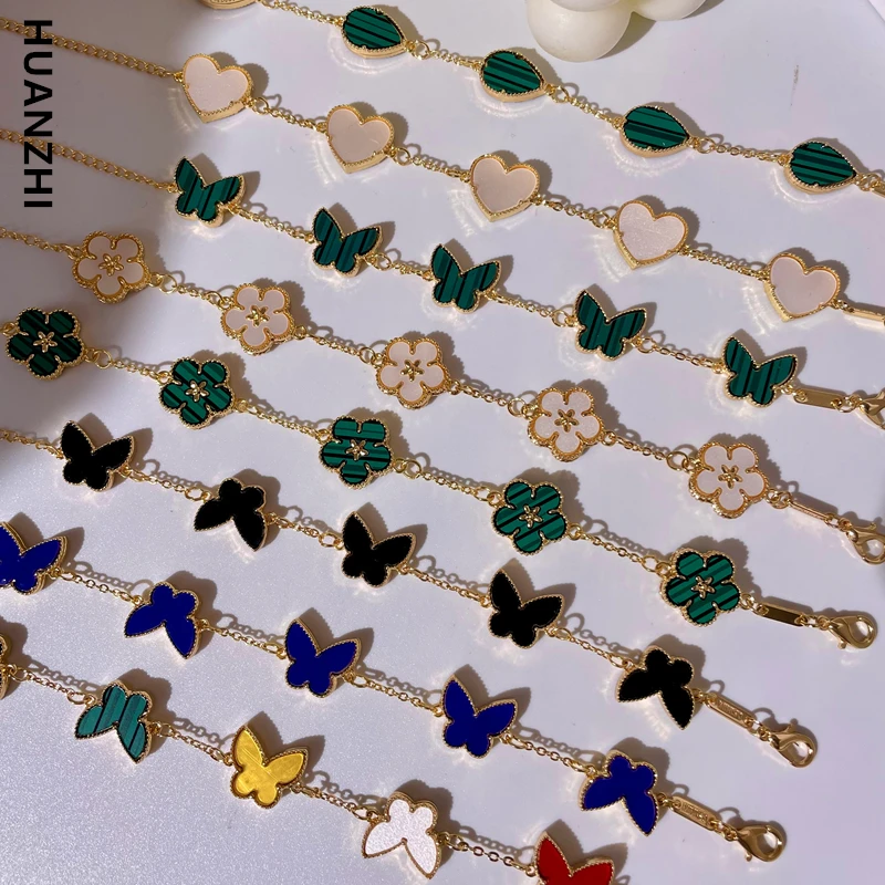 HUANZHI Colorful Butterfly Flower Love Heart Bracelet for Women Waterdrop Link Chain Adjustable Bangle Double Side, beaded bracelet,metal bracelet,crystal bracelet