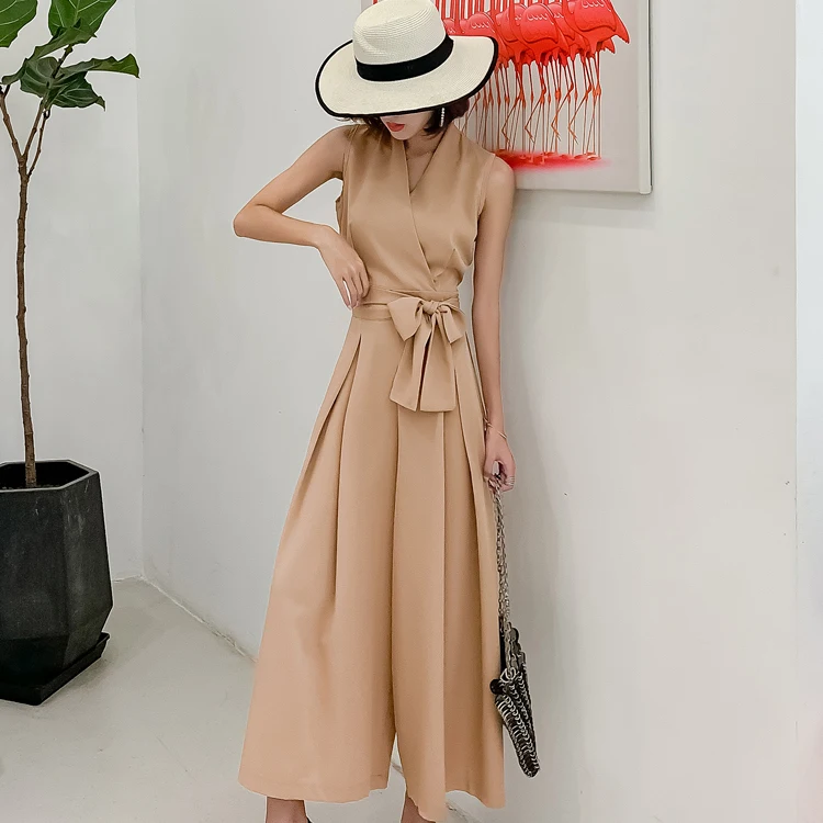 

Women Jumpsuits Rompers Summer Casual solid V-neck Pocket Overalls Jumpsuit Sleeveless Wide Leg Loose Jumpsuit