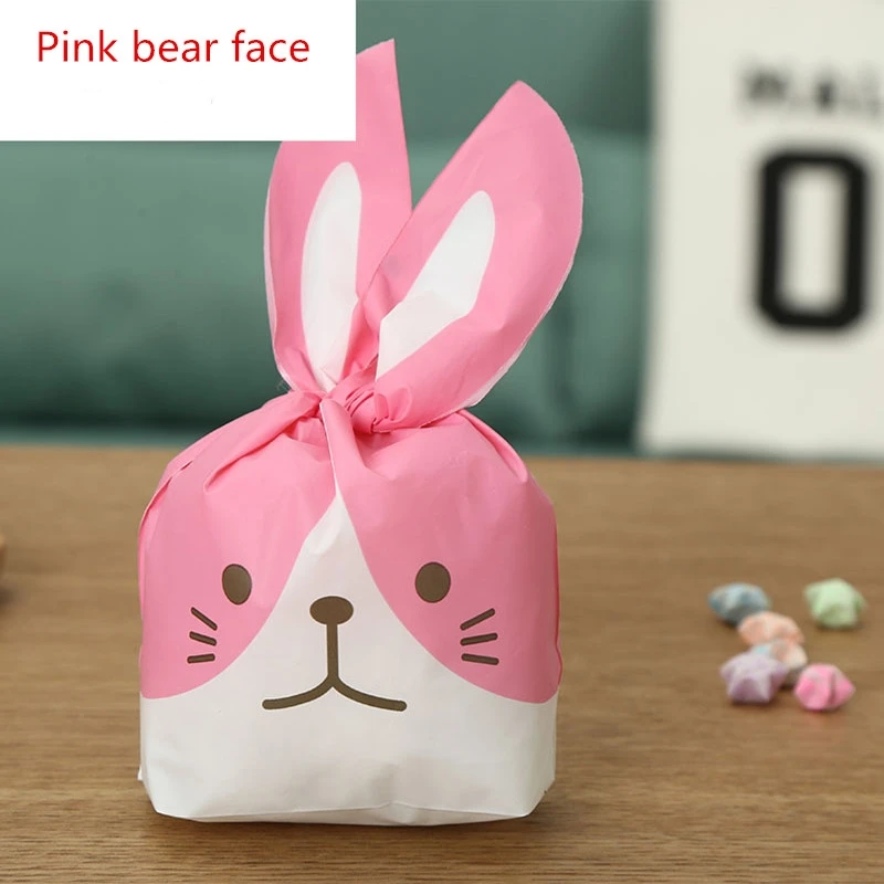100 шт 13x22 10x17 16x27 см милые с кроличьими ушами для печенья сумки подарочные пакеты для конфет Печенье закуски выпечка посылка Свадебный день рождения Декор - Color: Pink bear face