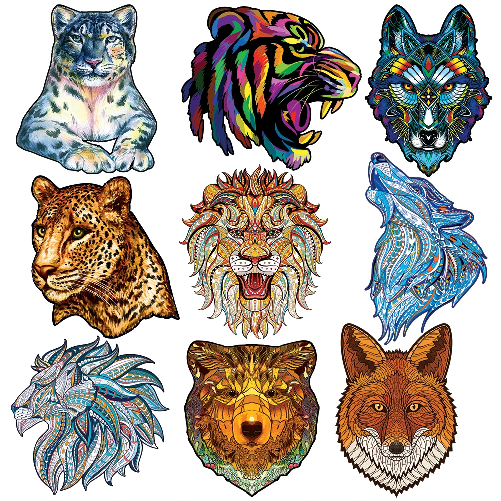 Wooden Animal Puzzle Leopard Fox Wolf Lion Tiger Jigsaw Board Set For Baby Toys Adults Kids Gifts Educational Games Toys Puzzle