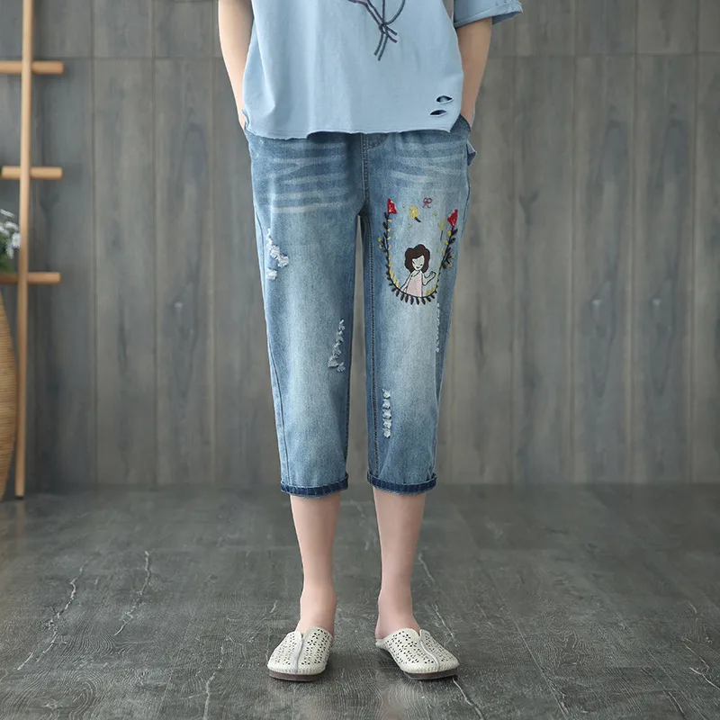 OMIKRON осенние джинсы в стиле ретро для женщин с эластичной резинкой на талии и карманом с вышивкой из мультфильма; повседневные женские джинсовые брюки джинсы Mujer