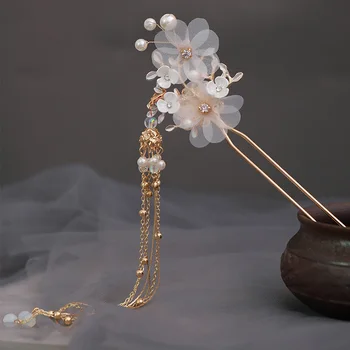 

FORSEVEN Traditional Flowers Crystal Beads Simulated Pearls Long Tassel Hair Stick Hairpins Ancient Chinese Bride Hair Jewelry