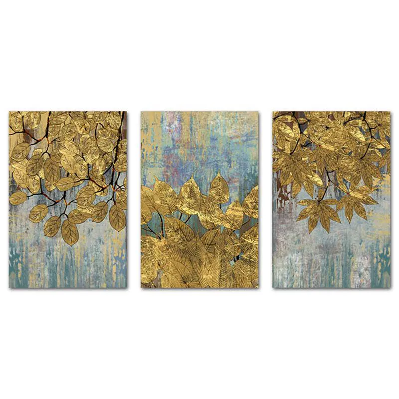 3 pcs set Современное искусство, золотой лист дерева, холст, плакат, абстрактное искусство на стену, печать, современный стиль, живопись, Скандинавское украшение дома, картина - Цвет: 3 pcs set