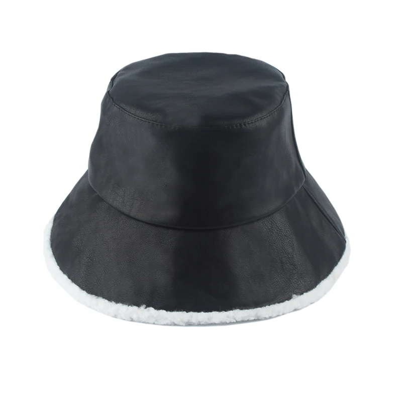 

2021 Autumn Winter Faux Leather Waterproof Bucket Hat Women Lambswool Fleece Warm Fishing Cap Fashion Panama Fisherman Hat