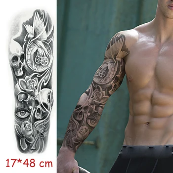 

Waterproof Temporary Tattoo Sticker skull cross flower bird clock eye black full arm large fake tatto flash tatoo for men women