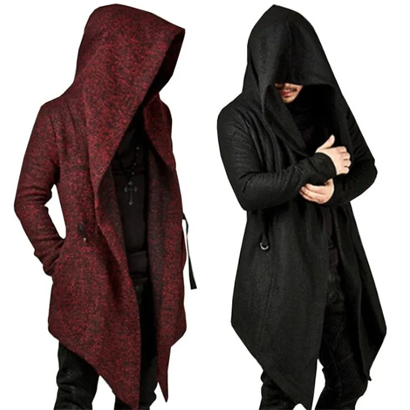Men's hooded trench coat 2018 autumn winter fashion irregular hem solid color punk long sleeve men's personality Slim jacket Men's hooded trench coat 2018 autumn winter fashion irregular hem solid color punk long sleeve men's personality Slim jacket