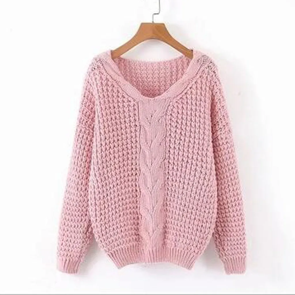 Pink Truien dames pull femme nouveaute свитер женский пуловер однотонный длинный рукав v-образный вырез вязаный свитер Джерси mujer - Цвет: Pink