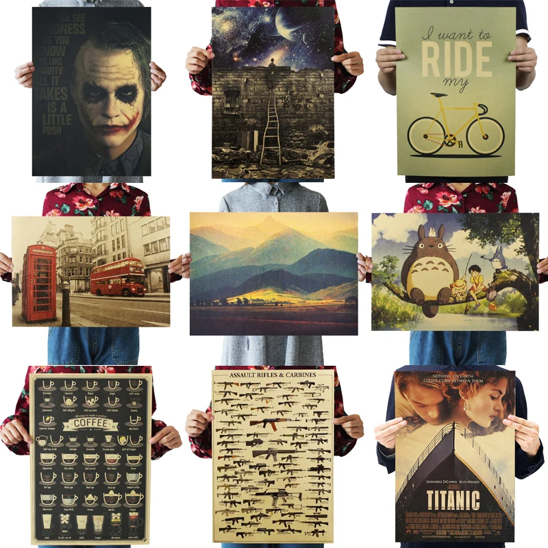Retro Poster Decorative-Painting Wall-Stickers Kraft Paper Movie Cafe Art Living-Room