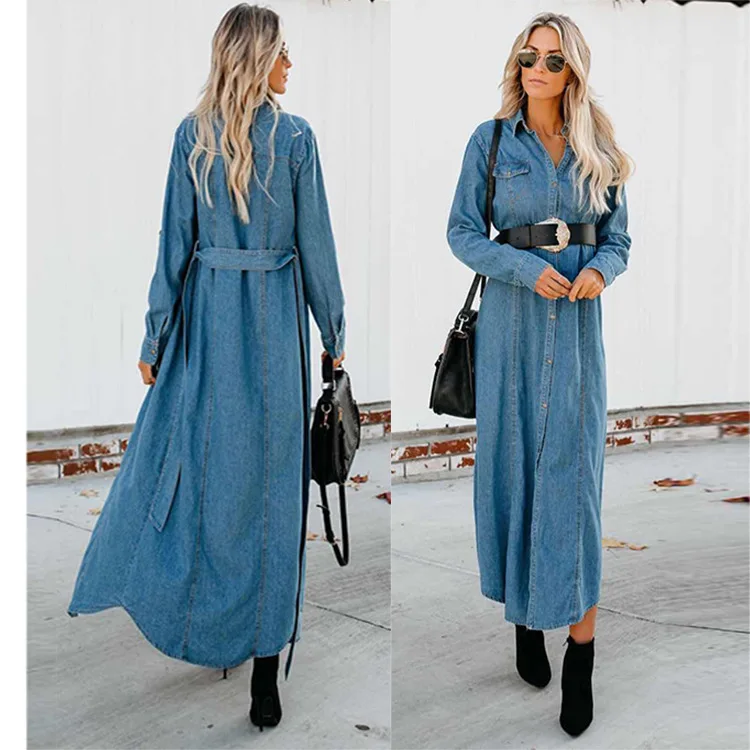 Wish AliExpress EBay,, женское платье, джинсовая ветровка, на пуговицах, с поясом, длинное джинсовое пальто