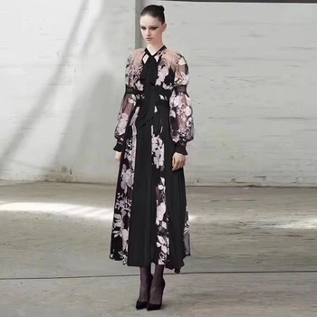 

First song Women's Tight Chiffon Fringe Lace Sexy Dress 2020New Summer Round-Collar Long Sleeve Print Party Women's Long Dress