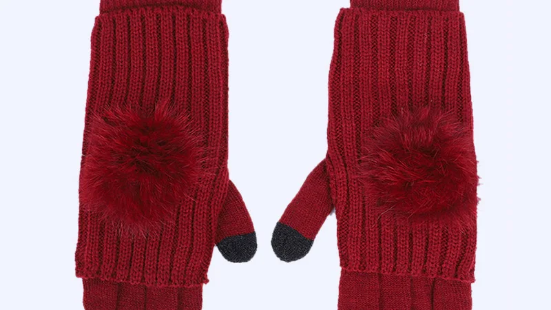 2019 женские зимние перчатки с помпонами, универсальные, двойные, вязаные перчатки, женские двухслойные, с сенсорным экраном, однотонные