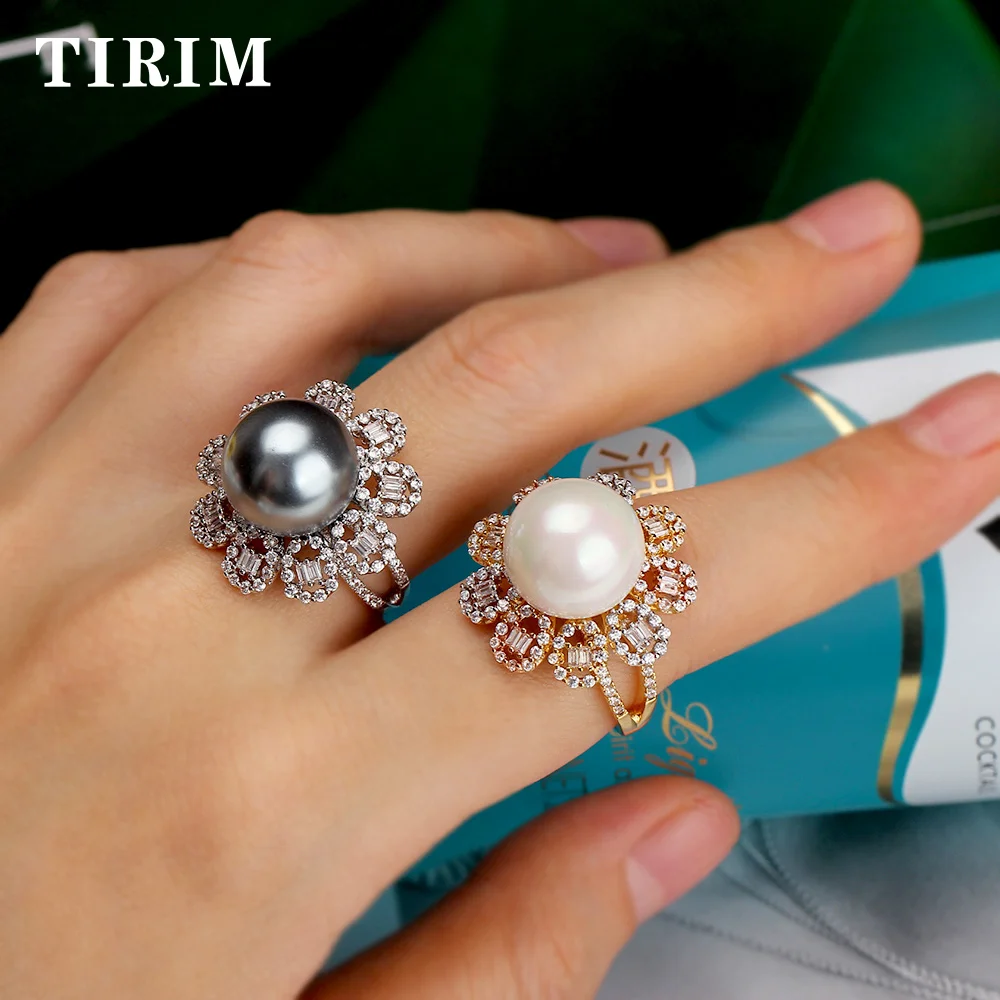 TIRIM, распродажа, брендовый дизайн, микро проложили кубический циркон, жемчужное кольцо в форме зонта, ювелирное изделие, 9-10 мм, жемчужное кольцо в виде ракушки