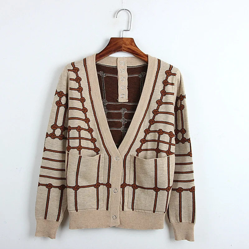 

Runway Designer Cardigan Knit Sweater Women Coat 2019 Autumn Rope Knot Stripe V-neck Covered Button Knit Jacket Tops Khaki