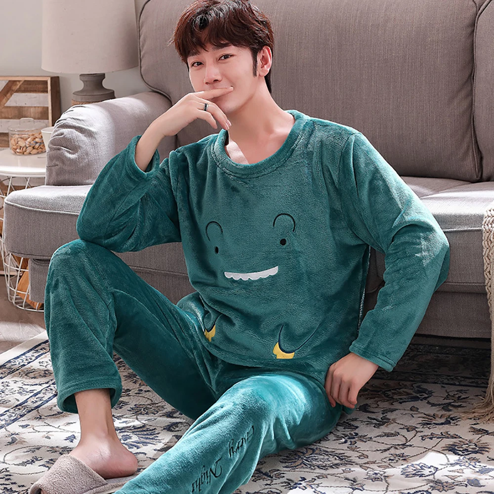 2021 Winter Flannel Pajamas for Men Thick Pajama Male Warm Pajamas Lovely Panda Sleepwear Lounge Set Casual Plaid Patwork Pijama men's cotton pyjamas Pajama Sets