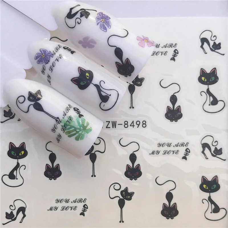 5 видов конструкций наклейки на ногти с милым котом водное тату-слайдер для украшения ногтей - Цвет: YZW-8498