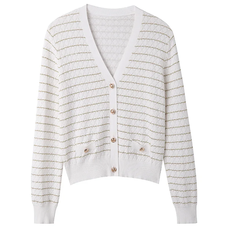 

2019 European And American Women's New Style Striped Sweater Long-Sleeved Loose-Fit Contrasting Color Cardigan Graceful Sweater