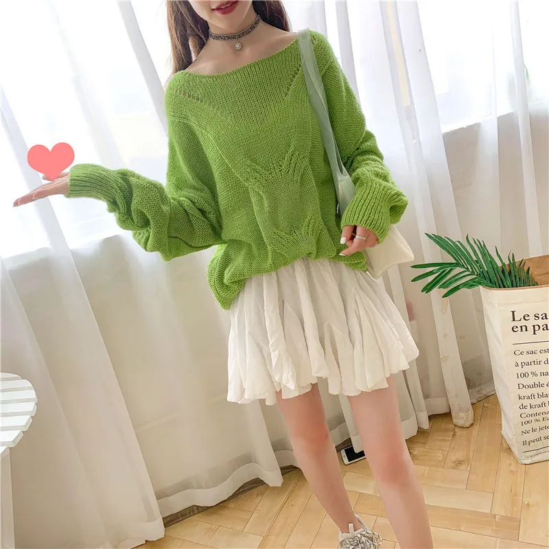 

Ladies Casual Loose Sweater Pullover Women 2019 Autumn Spring Green Pink Yellow Jumpers Knited Sweaters Pull Femme