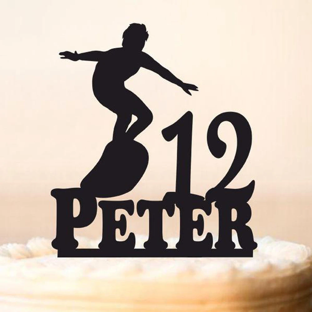 Personalized Happy Birthday Cake Toppers. Custom Name age. Gold Glitter Birthday Cake Toppers. Surfer birthday cake decoration