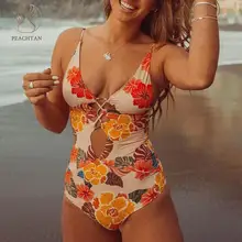 Peachtan сексуальный цельный купальник с цветочным принтом, женский купальник на шнуровке, монокини, летний купальный костюм