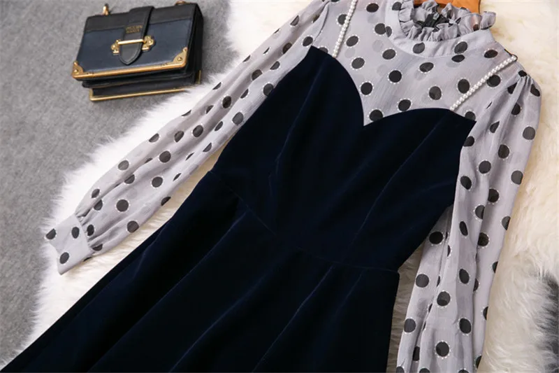 Новое поступление, Женское зимнее платье с длинным рукавом, vestidos, модное осеннее дизайнерское лоскутное платье в горошек с жемчугом, вечерние платья из велюра