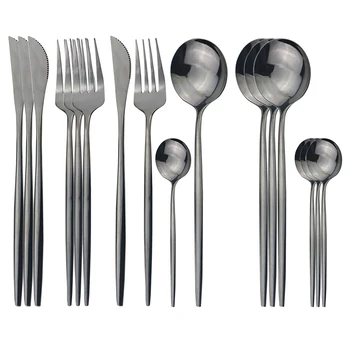 

16Pcs/Set Dinnerware Set Black Cutlery Set 304 Stainless Steel Flatware Set Knives Fork Spoon Kitchen Party Tableware Silverware