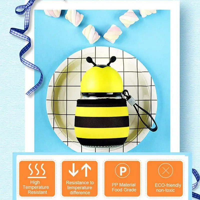 ABSS-Cute Bee бутылка для воды стеклянная BPA бесплатно с веревкой теплоизоляционная чашка набор для детей, девочки 10 унций