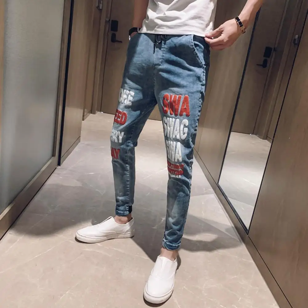 New Arrival Hot Sale Brand autumn men's casual high quality printed trouser male slim korea style fit nine-tenth pants jean