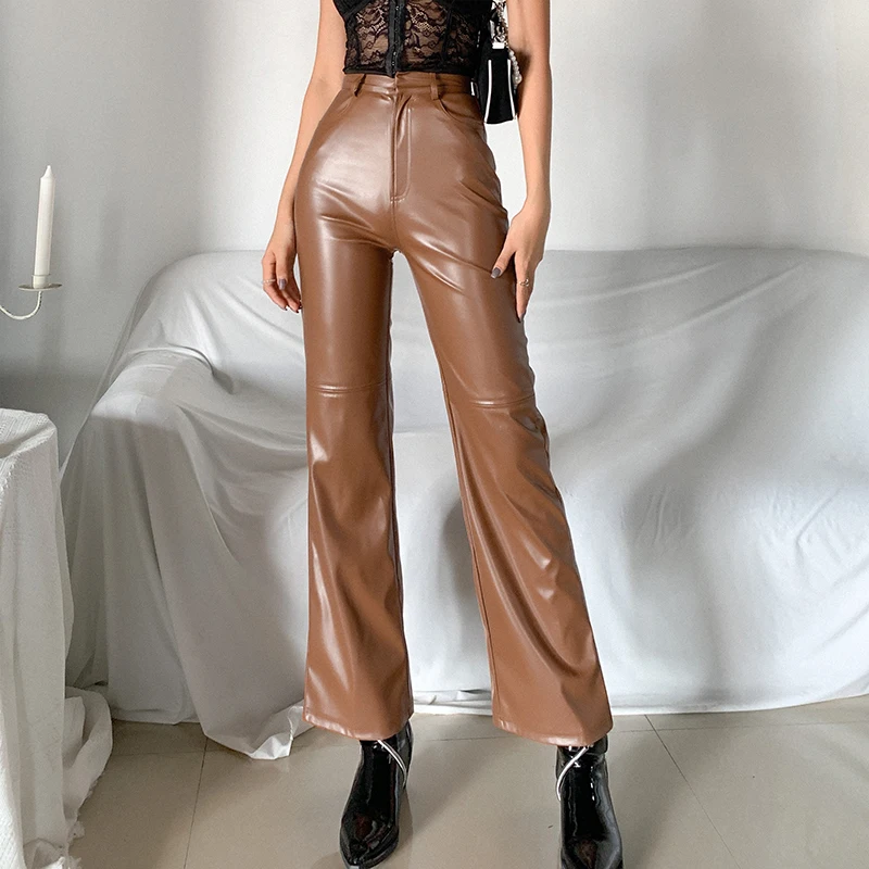 

PU Leather Pants Women Autumn Winter 2020 Slim Sexy Stretchy High Waist Wide Legs Straight Pants